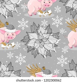 Seamless pattern with Christmas pig on winter background. For printing on fabric, postcards, paper. Vector illustration.