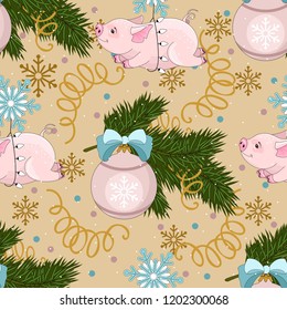 Seamless pattern with Christmas pig on winter background. For printing on fabric, postcards, paper. Vector illustration.