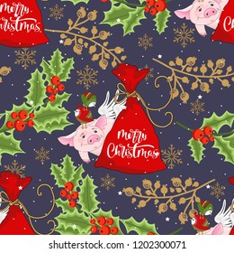 Seamless pattern with Christmas pig on winter background. For printing on fabric, postcards, paper. Vector illustration.