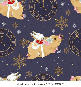 Seamless pattern with Christmas pig on winter background. For printing on fabric, postcards, paper. Vector illustration.