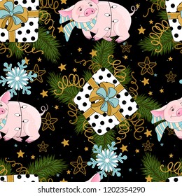 Seamless pattern with Christmas pig on winter background. For printing on fabric, postcards, paper. Vector illustration.