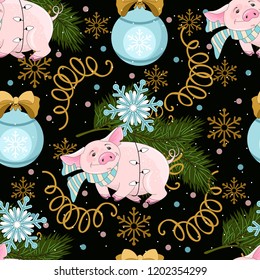 Seamless pattern with Christmas pig on winter background. For printing on fabric, postcards, paper. Vector illustration.