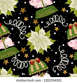 Seamless pattern with Christmas pig on winter background. For printing on fabric, postcards, paper. Vector illustration.