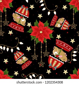 Seamless pattern with Christmas pig on winter background. For printing on fabric, postcards, paper. Vector illustration.