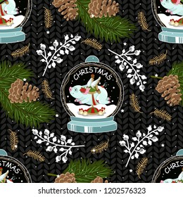 Seamless pattern with Christmas pig on winter background. For printing on fabric, postcards, paper. Vector illustration.