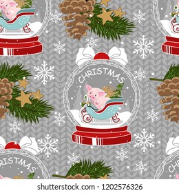 Seamless pattern with Christmas pig on winter background. For printing on fabric, postcards, paper. Vector illustration.