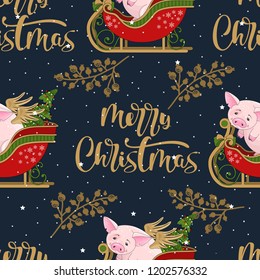 Seamless pattern with Christmas pig on winter background. For printing on fabric, postcards, paper. Vector illustration.