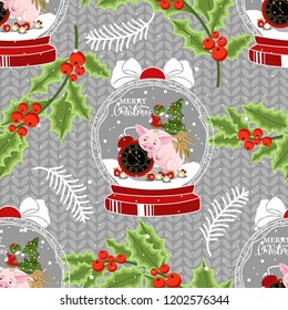 Seamless pattern with Christmas pig on winter background. For printing on fabric, postcards, paper. Vector illustration.