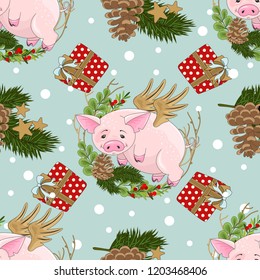 Seamless pattern with Christmas pig on winter background.
 For printing on fabric, postcards, paper. Vector illustration.

