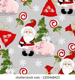 Seamless pattern with Christmas pig on winter background.
 For printing on fabric, postcards, paper. Vector illustration.


