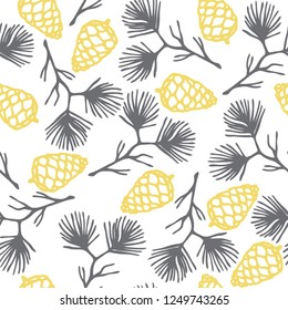 Seamless pattern with christmas pine branches and cones
