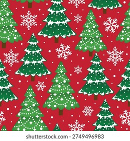 Seamless Pattern of Christmas Pine Trees with Snowflakes and Red Background- Christmas Vector Illustration