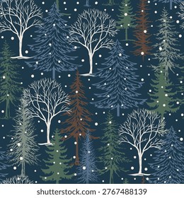 Seamless Pattern of Christmas Pine Trees with Snow. Dark Blue Background- Pine  Trees Vector Illustration