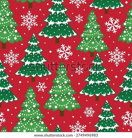 Seamless Pattern of Christmas Pine Trees with Snowflakes and Red Background- Christmas Vector Illustration