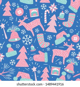 Seamless pattern. Christmas pink attributes on blue. Vector full color graphics