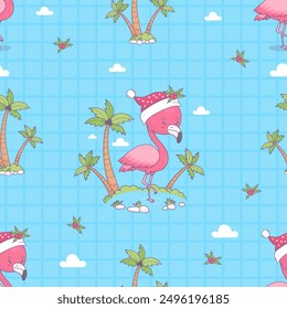 Seamless pattern with Christmas pink flamingo in Santa hat with tropical palm trees on blue checkered background. Funny holiday cartoon kawaii bird character. Vector illustration. Kids collection