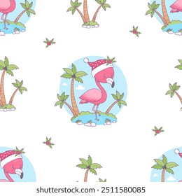 Seamless pattern with Christmas pink flamingo in Santa hat with holly on white background with tropical palm trees. Funny holiday cartoon kawaii bird character. Vector illustration. Kids collection.