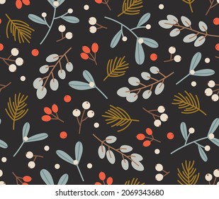 Seamless pattern of Christmas plants. Eucalyptus, mistletoe, pine, berries. Concept of the winter season, holidays, Christmas, New Year. Hand-drawn colorful vector illustration, isolated on black.