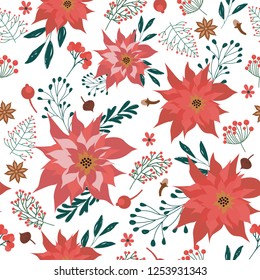 Seamless pattern with Christmas plants and flowers. Editable vector illustration