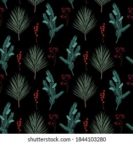 Seamless pattern with Christmas plants. Hand drawn winter festive fir branches, pines and berries isolated on dark background. Endless stylish texture for wrapping paper, gift card, textile.