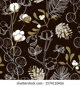 Seamless pattern with christmas plants on black background. Vector. Festive floral background with cotton branch, Christmas tree branch, mistletoe, eucalyptus and pine cones.