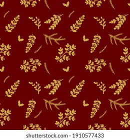 Seamless pattern with Christmas plants on red background. Beautiful pattern for gift wrapping papers, greeting cards, decoration.