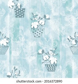 Patrón sin foco con plantas de navidad en manchas de color azul. Vector. Fondo floral festivo con rama de algodón, rama de árbol de Navidad, mistletoe, eucalipto.