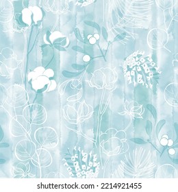 Seamless pattern with christmas plants on blue watercolor background. Vector. Festive floral background with cotton branch, Christmas tree branch, mistletoe, eucalyptus and pine cones.