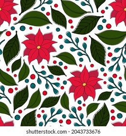 Seamless pattern with Christmas plants: poinsettia, a branch with leaves, leaves and berries. Winter pattern with flowers. Vector image