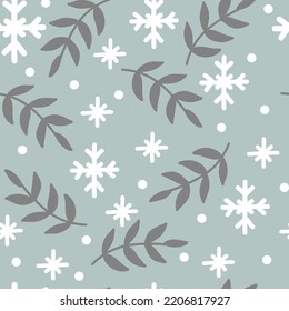 Seamless pattern christmas plants and snowflakes on gray background vector illustration. For print, design of Christmas products, greeting cards, wrapping paper, fabric, porcelain, bed linen, decor