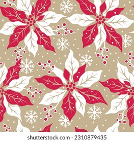 Seamless Pattern of Christmas Poinsettia Flower with White Snowflakes- Christmas Vector Illustration