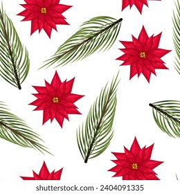 Seamless pattern with Christmas poinsettia flower and pine tree branch