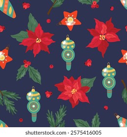 Seamless pattern with Christmas poissetia flowers and toys for the Christmas tree. Design for fabric, textiles, wallpaper, packaging	