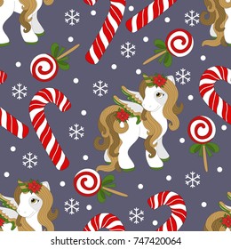 Seamless pattern with Christmas pony and festive elements. Vector illustration.
