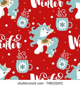 Seamless pattern with Christmas pony and festive elements. Vector illustration.