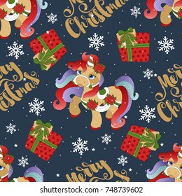 Seamless pattern with Christmas pony and festive elements. Vector illustration.