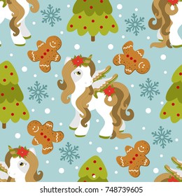 Seamless pattern with Christmas pony and festive elements. Vector illustration.