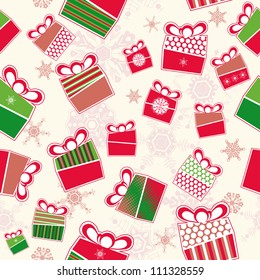 Seamless pattern with Christmas present boxes and falling snowflakes