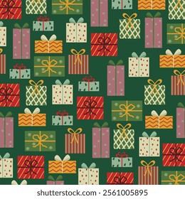 Seamless pattern with Christmas presents decorated. Trendy modern hand drawn illustration.