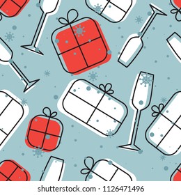 Seamless pattern with christmas presents, glasses for champagne, snow. Colorful background. Decorative wallpaper, good for printing. Vector illustration design. Hand drawn backdrop, gifts. Merry xmas