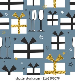 Seamless pattern, christmas presents, glasses for champagne, stars. Colorful background. Decorative wallpaper, good for printing. Vector illustration design. Hand drawn backdrop with gifts. Merry xmas