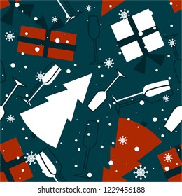 Seamless pattern, christmas presents, glasses for champagne, fir trees. Colorful background. Decorative wallpaper, good for printing. Vector illustration design. Hand drawn backdrop, gifts. Merry xmas