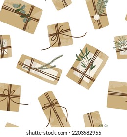 Seamless pattern with christmas presents in kraft wrapping paper. Rustic craft gift box. Handmade decoration, DIY. Xmas and New Year celebration. Vector flat cartoon illustration, holiday background