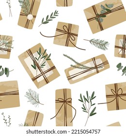 Seamless pattern with christmas presents in kraft wrapping paper. Rustic craft gift box. Handmade decoration, DIY. Xmas and New Year celebration. Vector flat cartoon illustration, holiday background