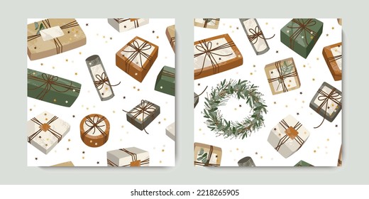 Seamless pattern with christmas presents in kraft wrapping paper. Rustic craft gift box. Handmade decoration, DIY. Xmas and New Year celebration. Vector flat cartoon illustration, holiday background