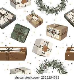 Patrón sin fisuras con regalos de Navidad en papel de regalo kraft. Caja de regalo de artesanía rústica. Decoración hecha a mano, bricolaje. Celebración de Navidad y Año Nuevo. Vector ilustración plana de dibujos animados, fondo de vacaciones