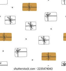 Seamless pattern with Christmas presents and snowflakes.