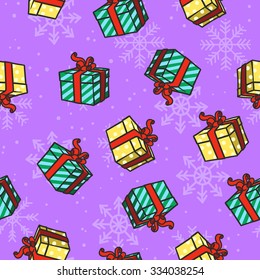 Seamless pattern with Christmas presents and snowflakes