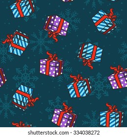 Seamless pattern with Christmas presents and snowflakes