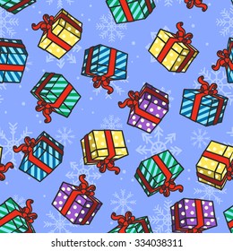 Seamless pattern with Christmas presents and snowflakes